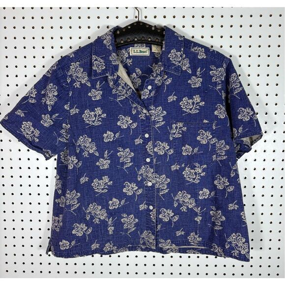 L.L Bean floral linen blend oversized cropped button down top size 16 - Picture 1 of 4